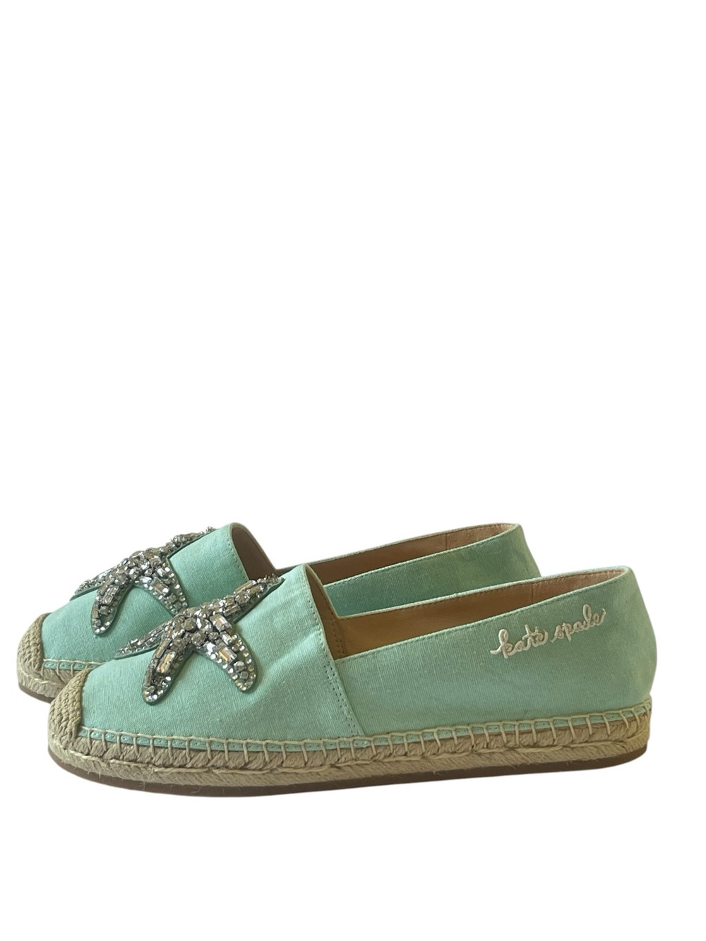 Kate Spade Espadrilles Flats Mint/Seafoam Green Canvas with Rhinestone Starfish
